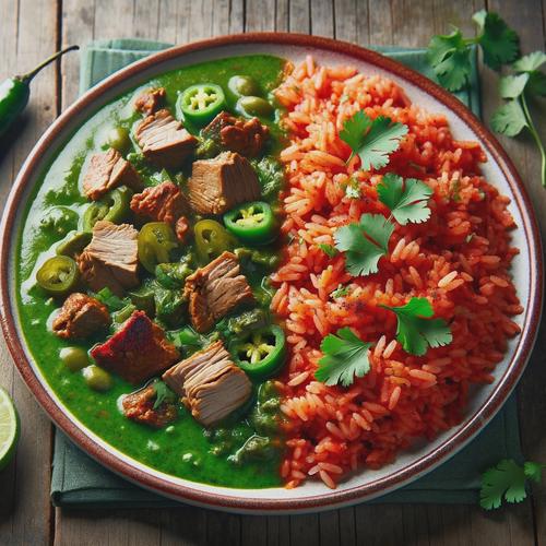 Generated image of a plate of Ultra-Green Mexican Pork Chile Verde served with red Spanish rice.