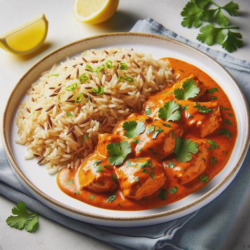 A beautifully plated dish of Cashew Butter Chicken served with brown basmati rice. The chicken is coated in a rich, creamy orange sauce garnished with chopped fresh cilantro. The brown basmati rice is fluffy and served on the side. A wedge of lemon is placed on the plate for freshness. The dish is presented on a white plate, with a colorful and appetizing appearance. The background is simple and elegant, highlighting the dish as the focal point.