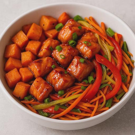 A high-definition image highlights a close-up view of honey-soy glazed salmon chunks served with roasted sweet potatoes and crisp stir-fried vegetables in a white ceramic bowl, set against a soft grey backdrop. The salmon glistens with a caramelized glaze, while the vibrant orange cubes of sweet potatoes and colorful vegetables add a fresh contrast, topped with garnishes of green onion and red pepper flakes, all captured under soft lighting to emphasize the dish’s textures and colors.