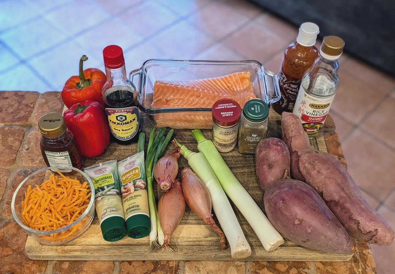 Ingredients for Honey Soy-Glazed Salmon and Sweet Potato Bowl
