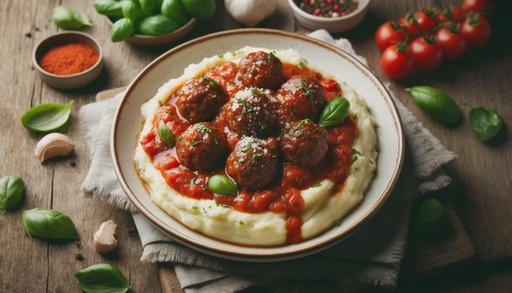 A beautifully plated dish of juicy meatballs served over creamy mashed potatoes. The meatballs are topped with a rich, tangy tomato sauce and garnished with fresh basil and grated Parmesan cheese. The mashed potatoes are smooth and buttery, with fresh chives sprinkled on top. The dish is presented on a white plate with a rustic wooden background and a few scattered herbs for a touch of color.