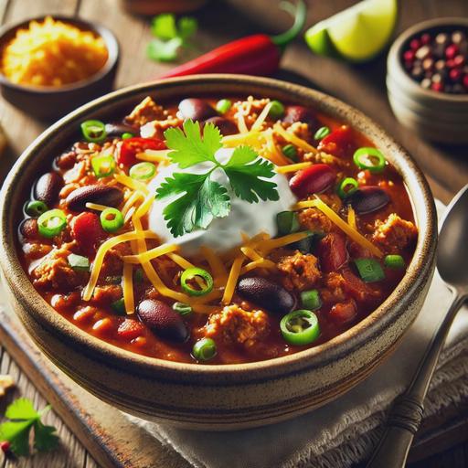 A vibrant bowl of turkey chili served in a rustic ceramic bowl. The chili is rich and hearty, with visible chunks of ground turkey, black beans, kidney beans, and colorful red and yellow bell peppers. It is garnished with sour cream, shredded cheddar cheese, fresh cilantro leaves, and sliced green onions. The bowl is set on a wooden table with a spoon, a lime wedge, and a small dish of crackers nearby. The lighting is warm and inviting, showcasing the textures and colors of the dish.