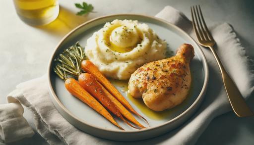 A delicious plate of lemon herb chicken with creamy mashed potatoes and roasted carrots. The chicken is golden brown with a light glaze of lemon and herbs, placed beside a generous scoop of smooth mashed potatoes garnished with a bit of parsley. The roasted carrots are vibrant and slightly caramelized, arranged neatly on the plate. The setting is a clean dining table with a light-colored plate and a minimalistic background.