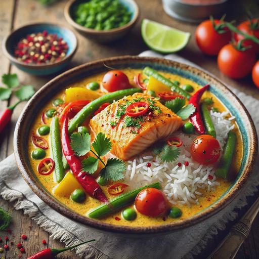 A vibrant and appetizing bowl of Thai Salmon Curry served over jasmine rice in a rustic ceramic bowl. The dish features large, golden-seared salmon chunks surrounded by a rich, creamy coconut curry sauce. Bright red and yellow bell peppers, cherry tomatoes, and fresh herbs like cilantro and Thai basil are beautifully arranged, adding color. Garnished with lime wedges and a sprinkle of red chili flakes for a hint of heat. The background is softly blurred, showcasing a wooden table with subtle Thai-inspired elements, creating a warm and inviting presentation.