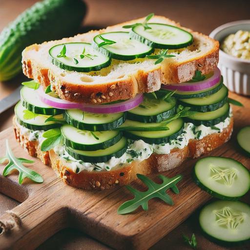 A gourmet cucumber sandwich on a wooden cutting board. The sandwich is made with lightly toasted sourdough bread, layered with herb cream cheese spread, quick-pickled cucumber slices, fresh cucumber slices, thinly sliced red onion, arugula, and Dijon mustard. The sandwich is cut diagonally, showing the vibrant layers inside. Garnished with extra cucumber slices and fresh herbs. Natural lighting, slightly rustic presentation.