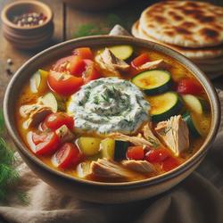 A rustic, homely bowl filled with a rich, aromatic soup inspired by Chicken Gyros. The soup features tender pieces of chicken, diced tomatoes, zucchini, and red bell pepper, visibly floating amidst a golden-hued broth. On top, a dollop of creamy, tzatziki-inspired sauce sits, garnished with fresh dill. The bowl is set on a wooden table, accompanied by a few pieces of warm, soft pita bread neatly arranged on the side. The setting suggests a cozy, inviting meal, capturing the essence of Mediterranean flavors in a comforting soup form.