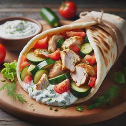 A delicious, traditional Chicken Gyro wrap on a wooden cutting board. The gyro is made with tender pieces of grilled chicken breast, fresh diced tomatoes, zucchini, and red bell pepper, all wrapped in soft, warm pita bread. A dollop of creamy tzatziki sauce, made with Greek yogurt and cucumber, is drizzled over the chicken and vegetables. The gyro is garnished with fresh dill, enhancing the Mediterranean flavors. The presentation is delicious, showcasing the vibrant colors and freshness of the ingredients.