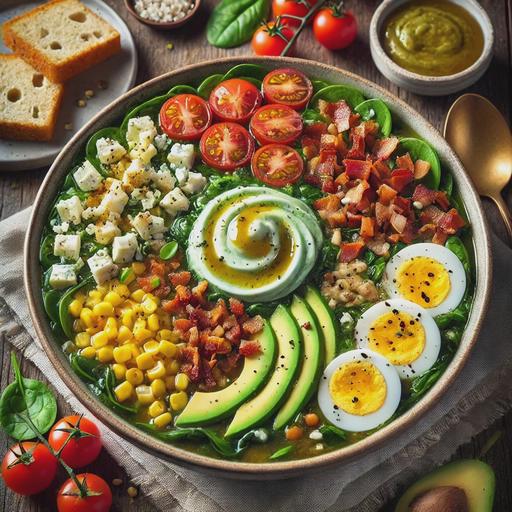 A beautifully presented bowl of Cobb Salad Soup with ingredients arranged in rows like a traditional Cobb salad. The soup has a rich chicken broth base with visible diced potatoes, corn kernels, cherry tomato quarters, and wilted baby spinach. The toppings are artfully arranged in straight rows on top: chopped hard-boiled eggs, crumbled blue cheese, crumbled bacon, chopped chives, additional cherry tomato quarters, and diced avocado. A dollop of creamy avocado swirl sits prominently in the center. The soup is served hot, with a side of crusty bread. The bowl is placed on a rustic wooden table, with a warm and cozy ambiance.