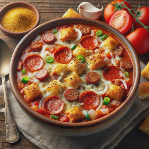 A bowl of pepperoni pizza soup topped with melted mozzarella and Parmesan cheese. The soup contains browned Italian sausage, mini pepperonis, diced tomatoes, finely chopped onions, garlic, and bell peppers in a rich tomato broth. Beside the bowl are golden, crispy pizza dough croutons sprinkled with Italian seasoning and garlic powder on a rustic wooden table with a spoon.