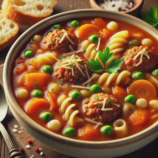 A comforting bowl of Meatloaf Soup featuring rich, tomato-based broth with visible chunks of vegetables like carrots, celery, peas, small pasta pieces, and meatballs resembling mini meatloaf slices. The soup is garnished with fresh parsley and shredded cheddar cheese on top. The bowl is set on a rustic wooden table with a spoon and a piece of crusty bread on the side, with warm and inviting lighting highlighting the hearty textures and colors of the soup.