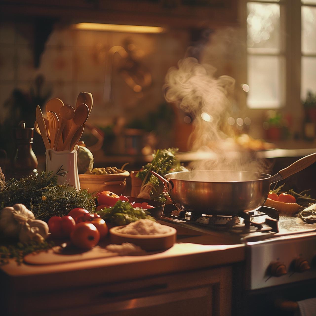 A cozy kitchen scene with a simmering pot on the stove, steam rising gently. Ingredients like fresh vegetables, herbs, and spices are scattered around the countertop. Warm, inviting lighting creates a homely atmosphere, highlighting the rich colors and textures of the ingredients. A wooden spoon rests next to a chopping board, evoking a sense of comforting, home-cooked meals in progress.